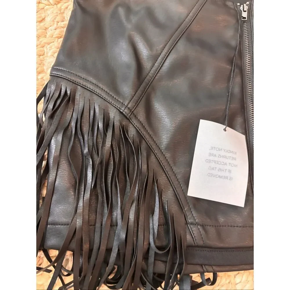 NWT Superdown Black Faux Leather Fringe Mini Skirt Zip Front Western Y2K, Small - Picture 3 of 7